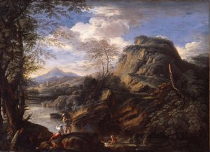 Paesaggio montano con figure e un uomo che si bagna